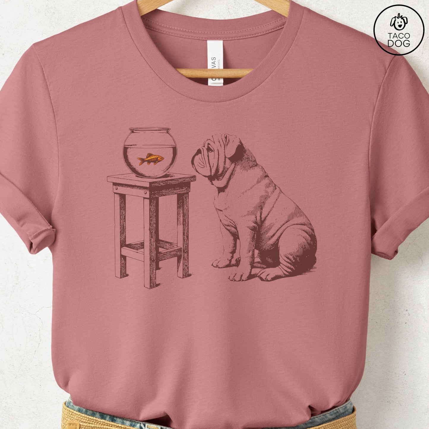 English Bulldog Goldfish T-Shirt Heather Mauve Taco-Dog