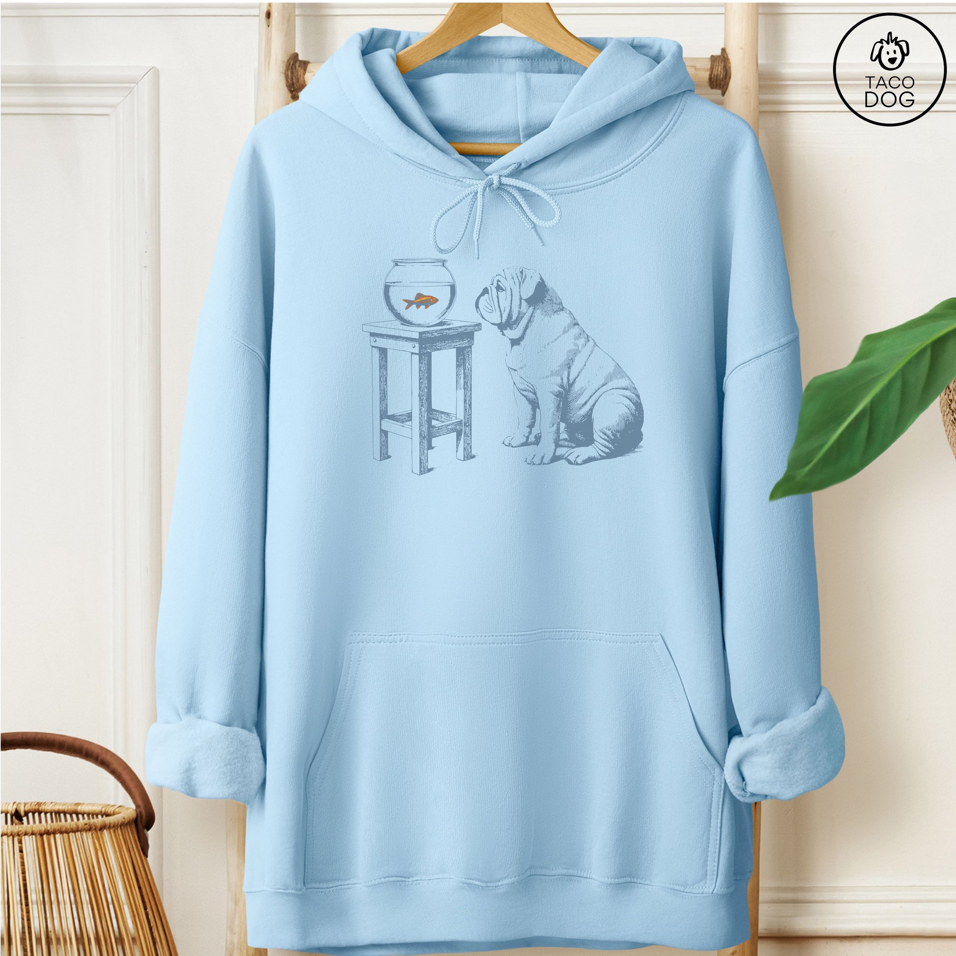 English Bulldog Goldfish Hoodie Light Blue Taco-Dog