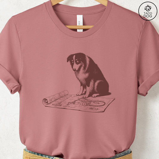 Australian Shepherd Aussie Vacuum Blueprint T-Shirt Heather Mauve Taco-Dog