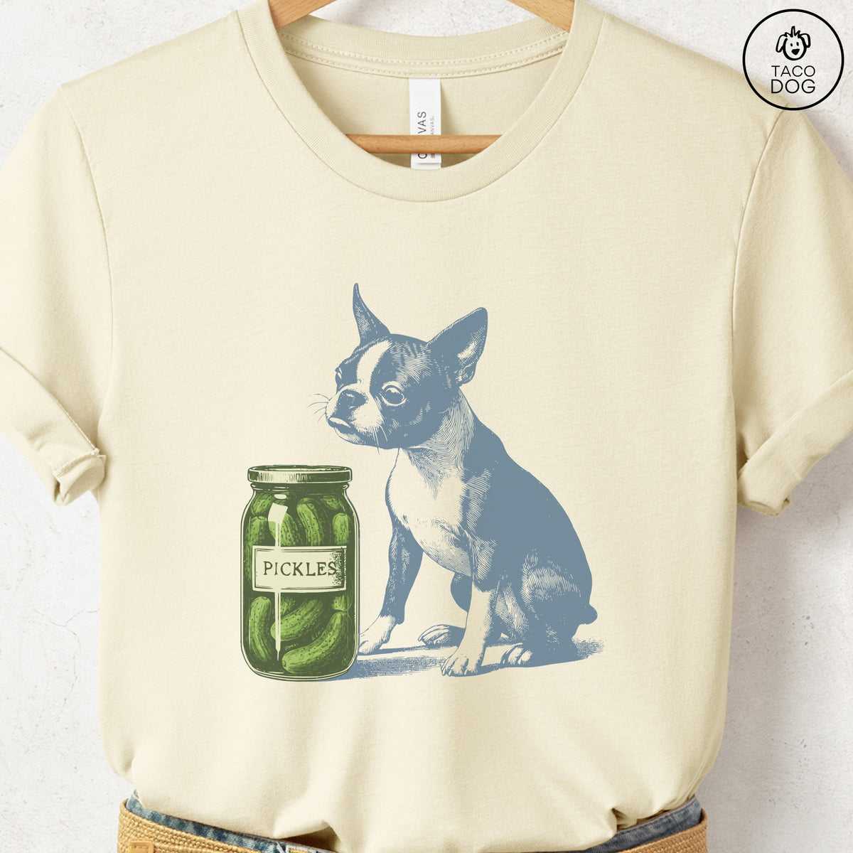Boston Terrier Pickles T-Shirt, design close-up