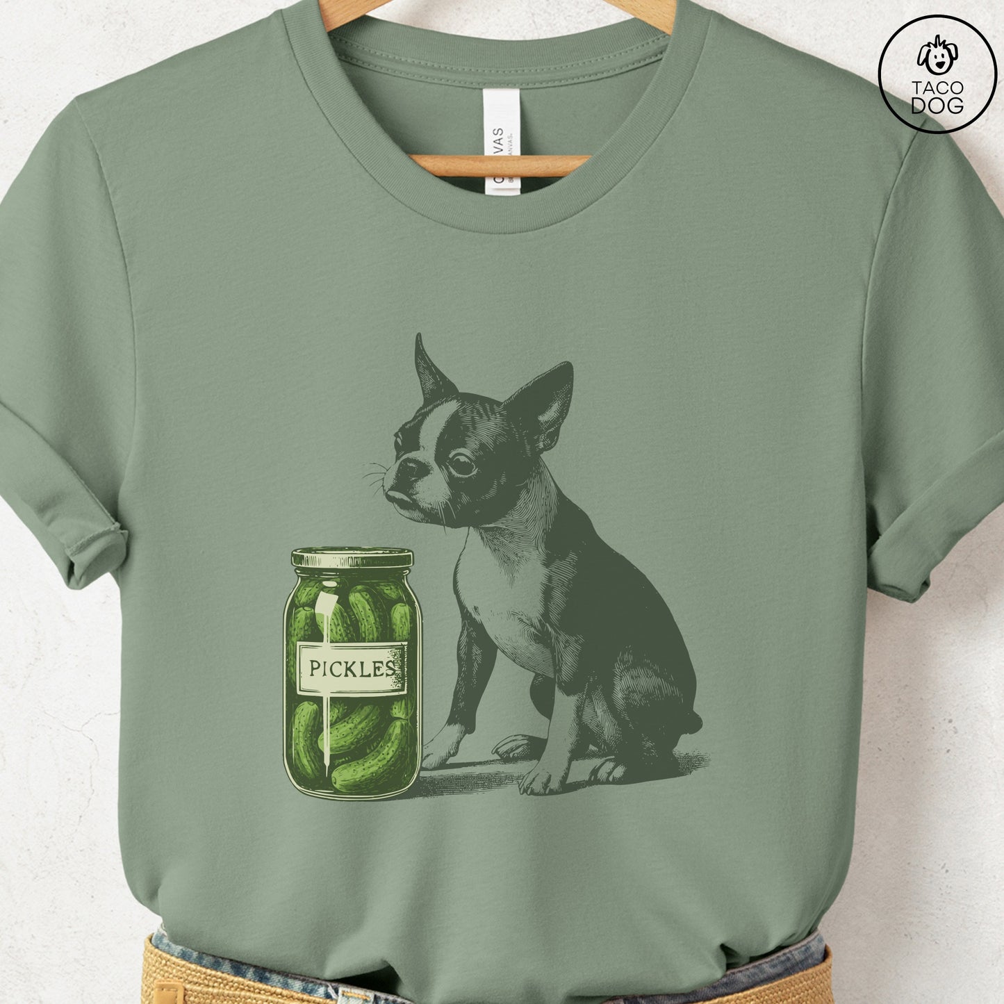 Boston Terrier Pickles T-Shirt Sage Taco-Dog
