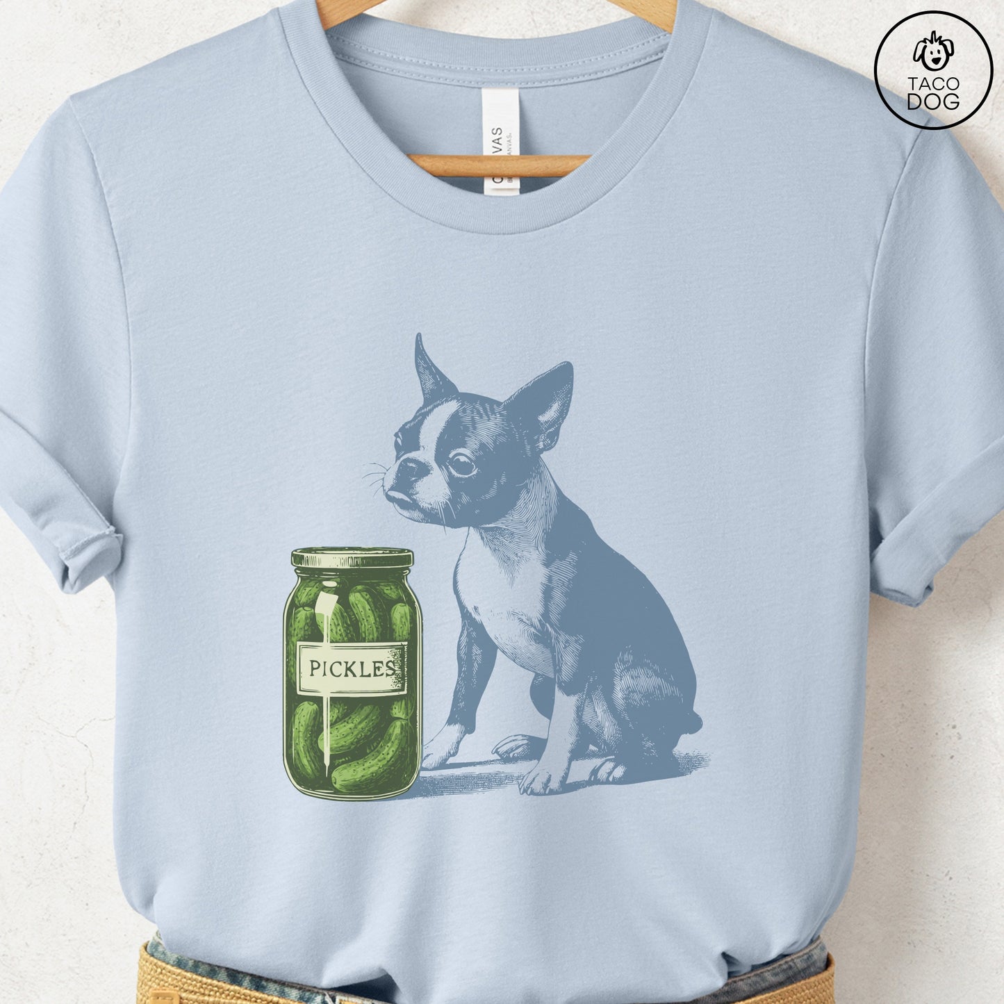 Boston Terrier Pickles T-Shirt Light Blue Taco-Dog