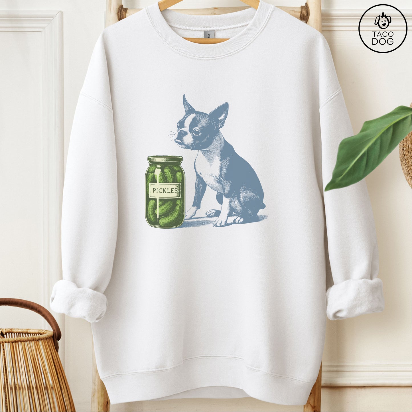 Boston Terrier Pickles Sweatshirt White Taco-Dog