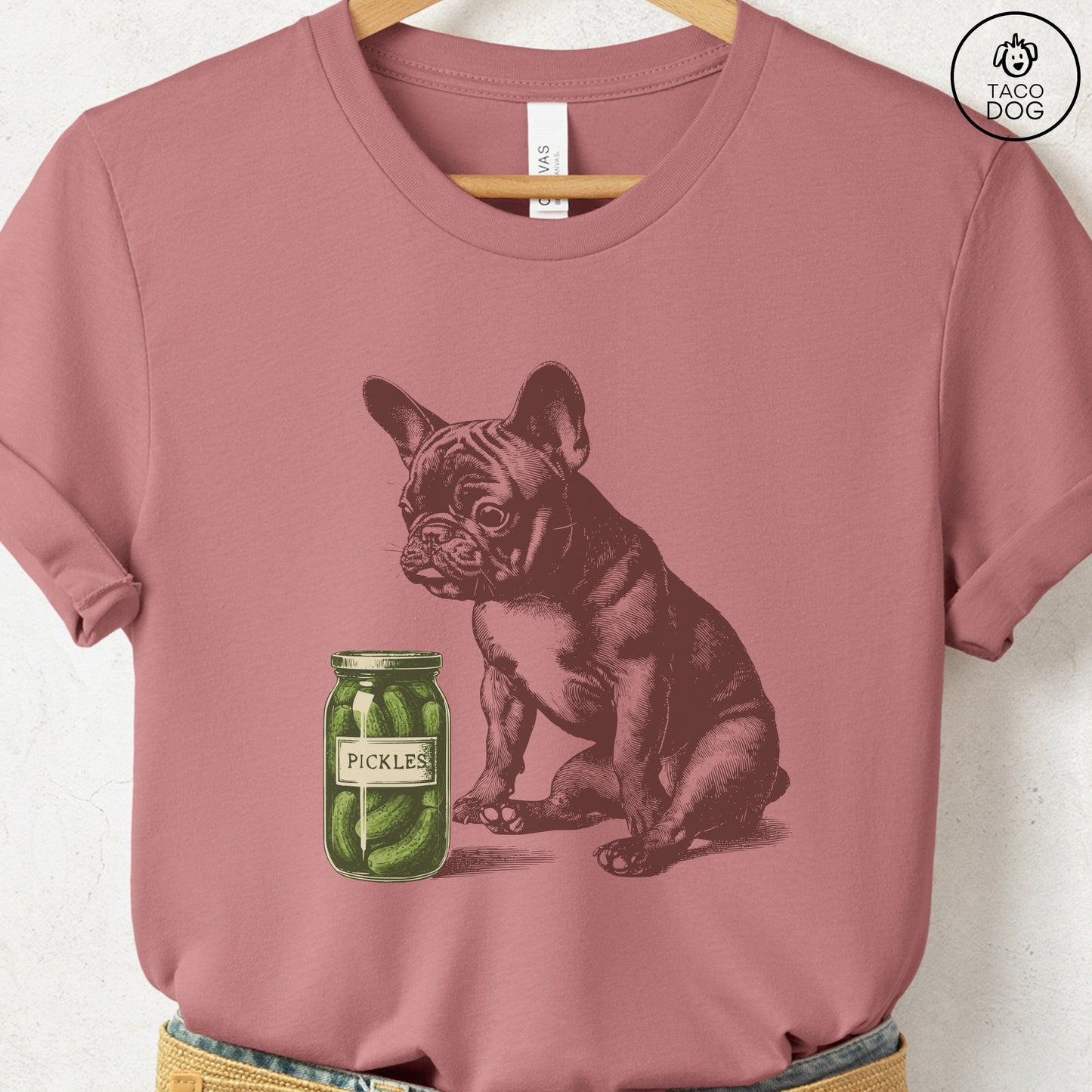 French Bulldog Frenchie Pickles T-Shirt Heather Mauve Taco-Dog
