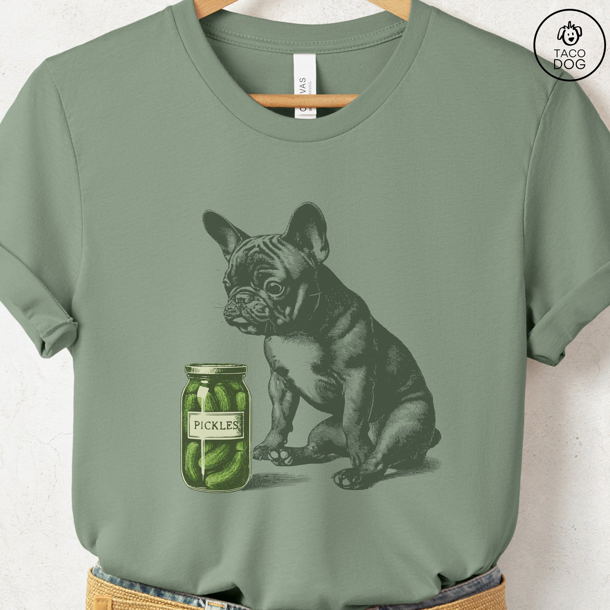 French Bulldog Frenchie Pickles T-Shirt Sage Taco-Dog