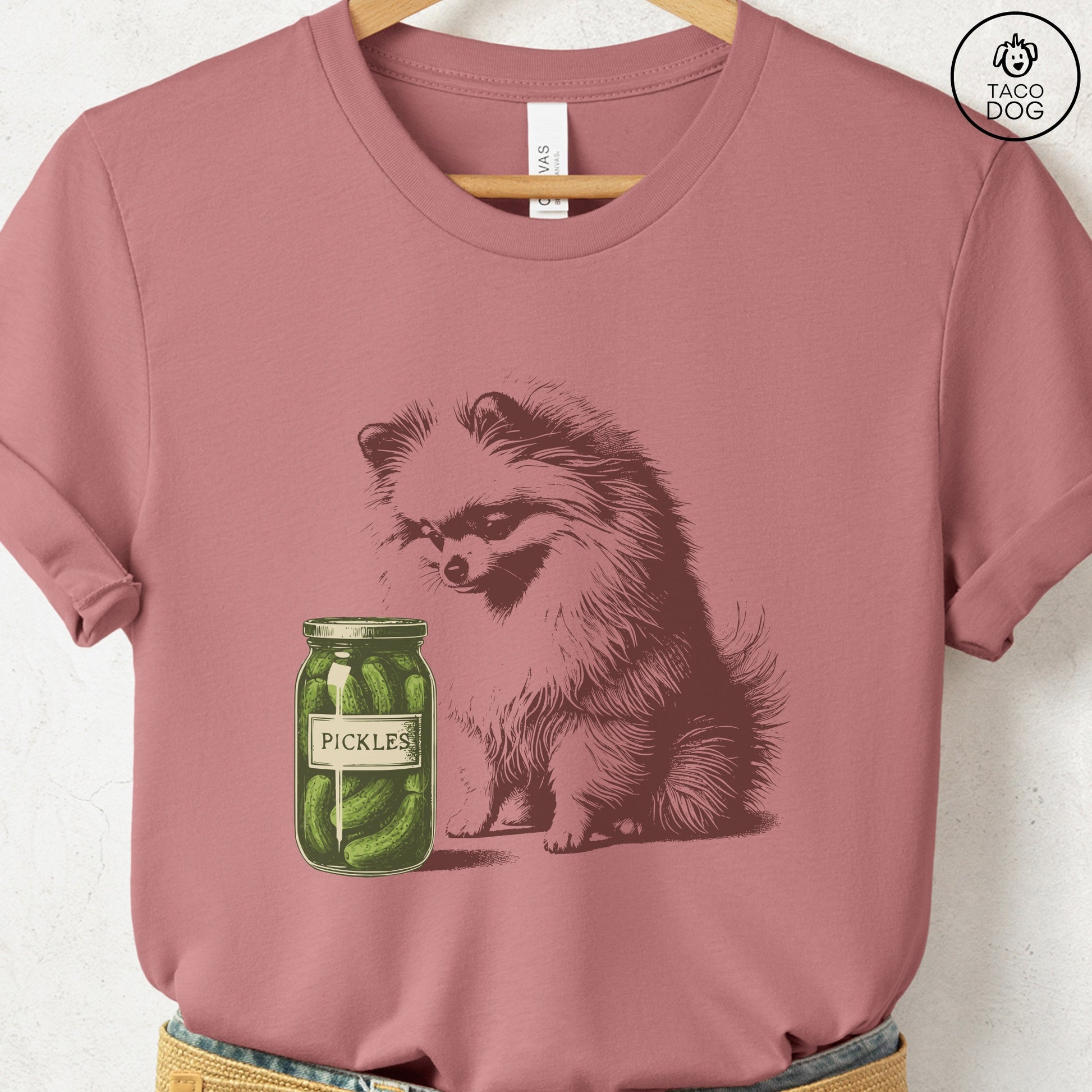 Pomeranian Pickles T-Shirt Heather Mauve Taco-Dog