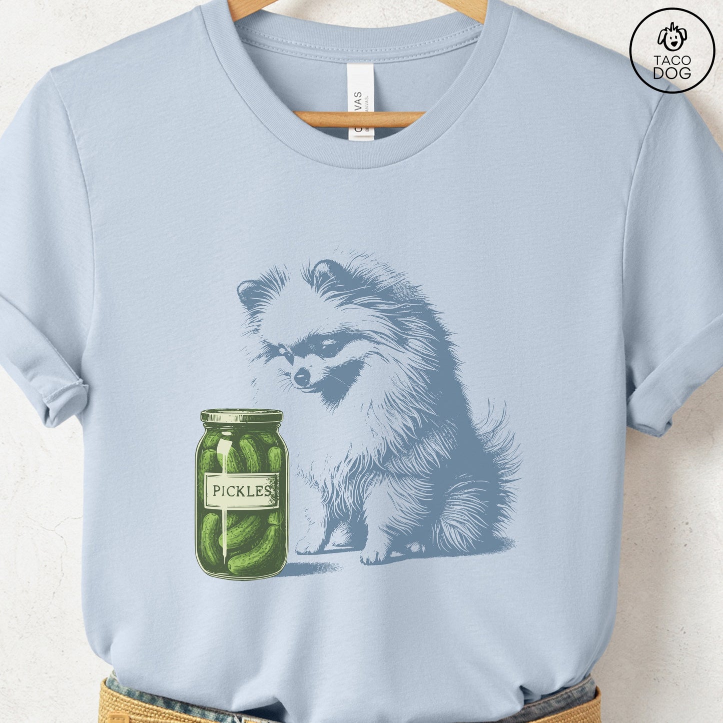 Pomeranian Pickles T-Shirt Light Blue Taco-Dog