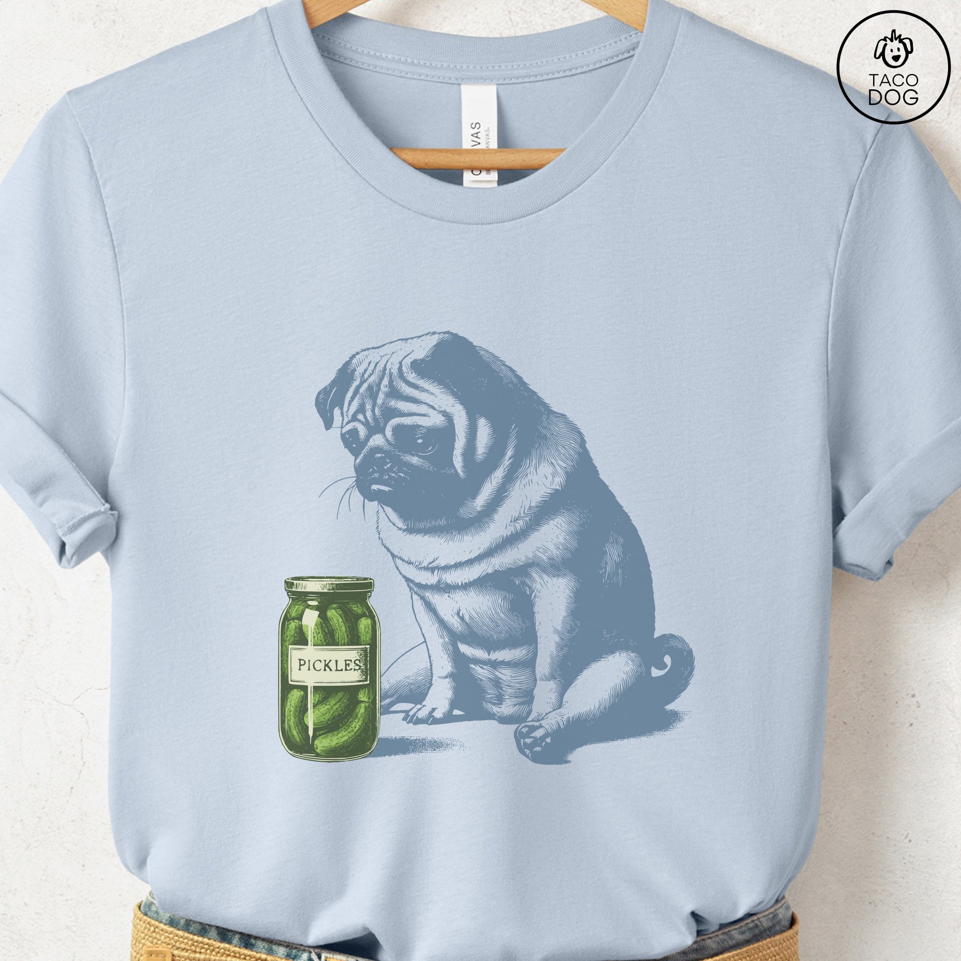 Pug Pickles T-Shirt Light Blue Taco-Dog