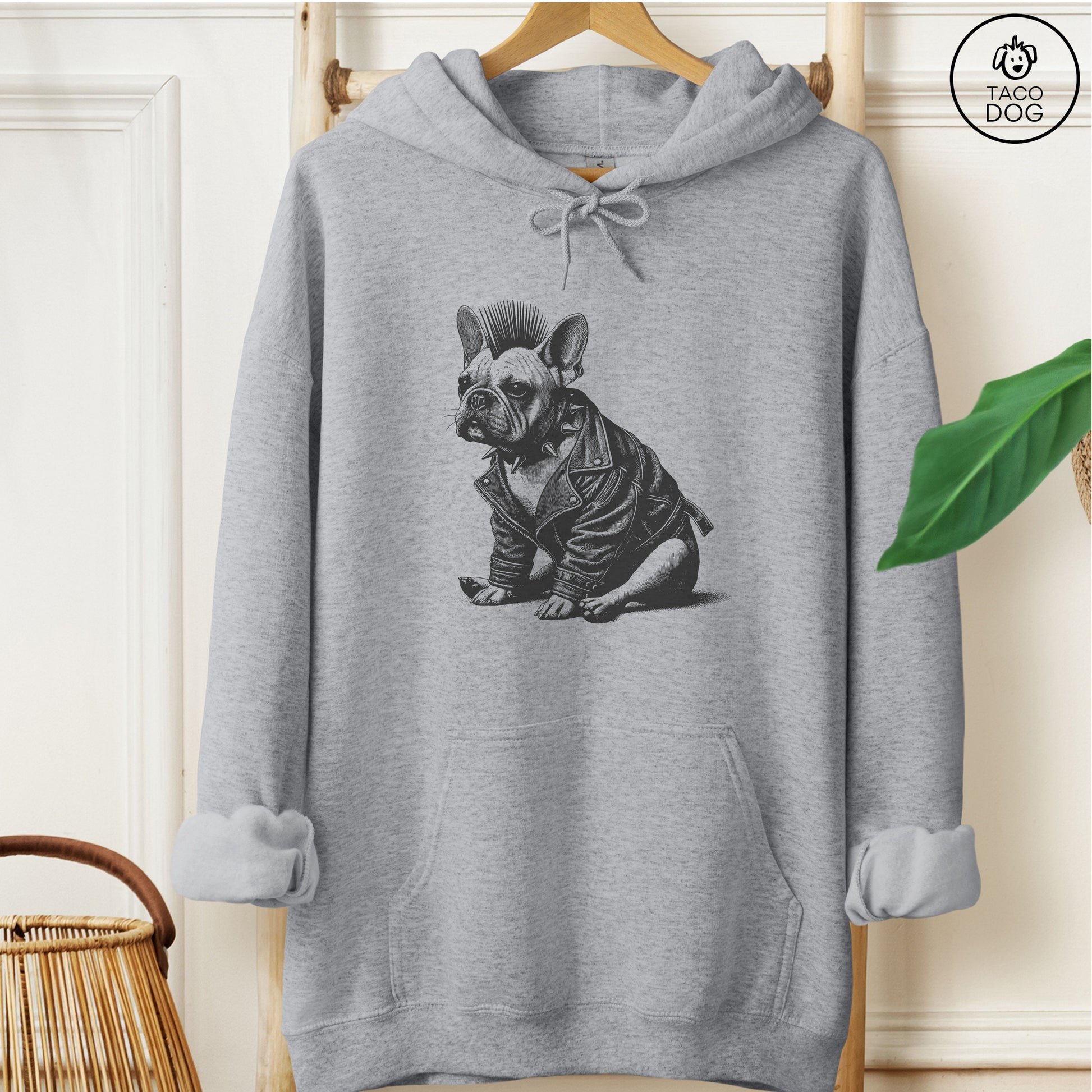 French Bulldog Frenchie Punk Hoodie Graphite Heather Taco-Dog