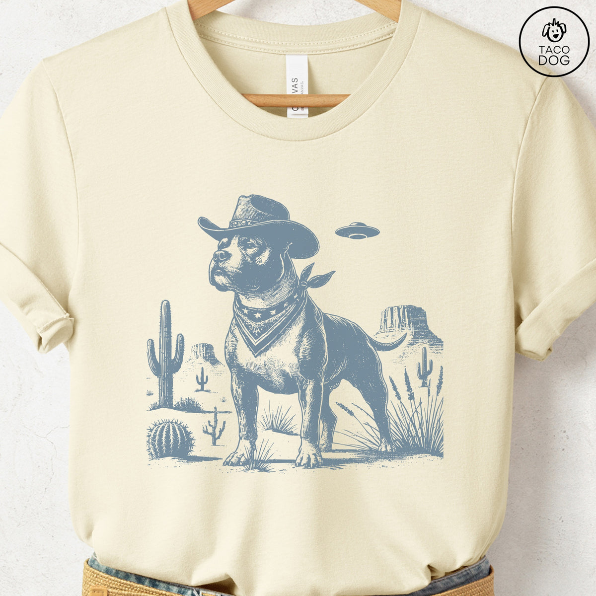 Pitbull Staffy Ink Cowboy UFO T-Shirt, design close-up