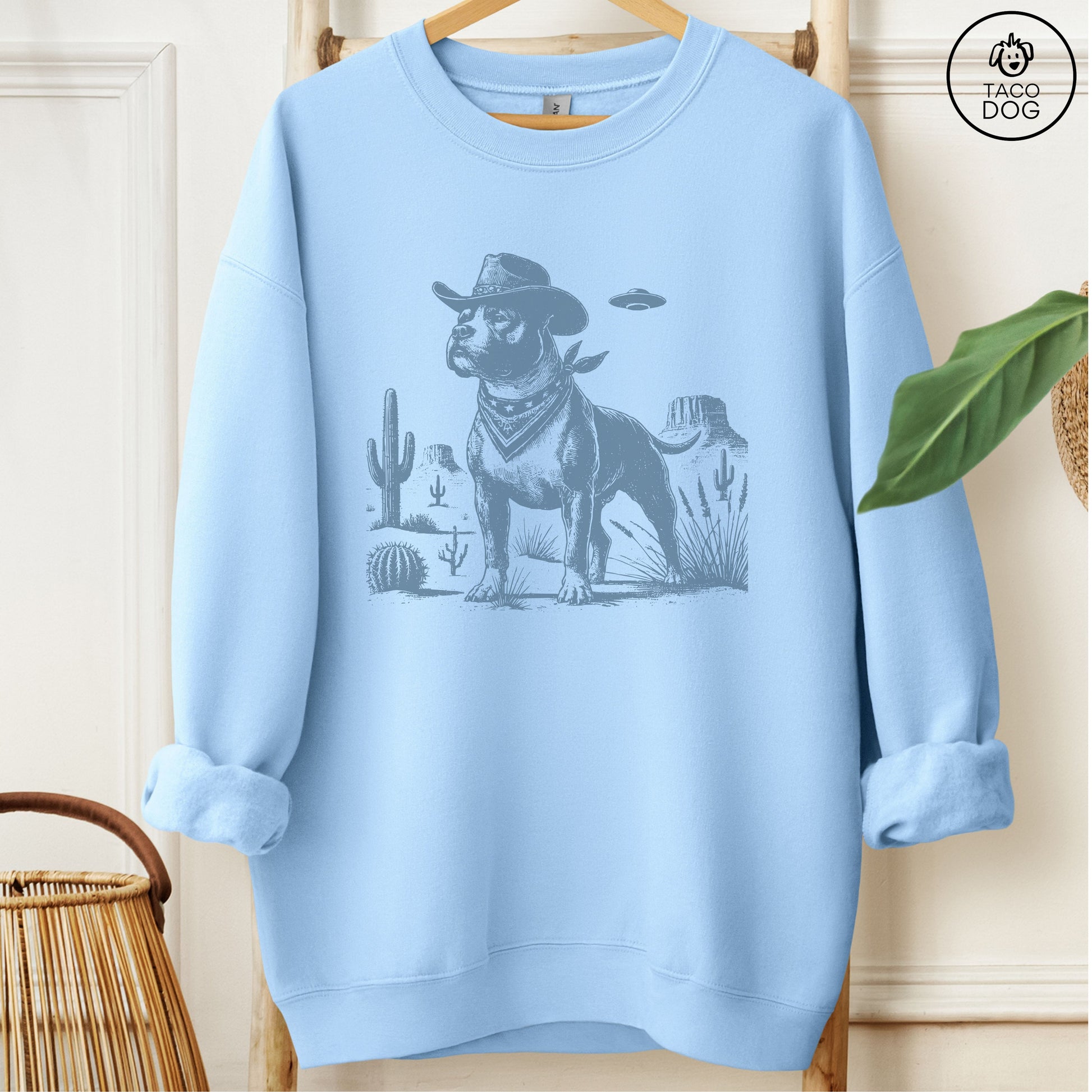 Pitbull Staffie UFO Cowboy Sweatshirt Light Blue
