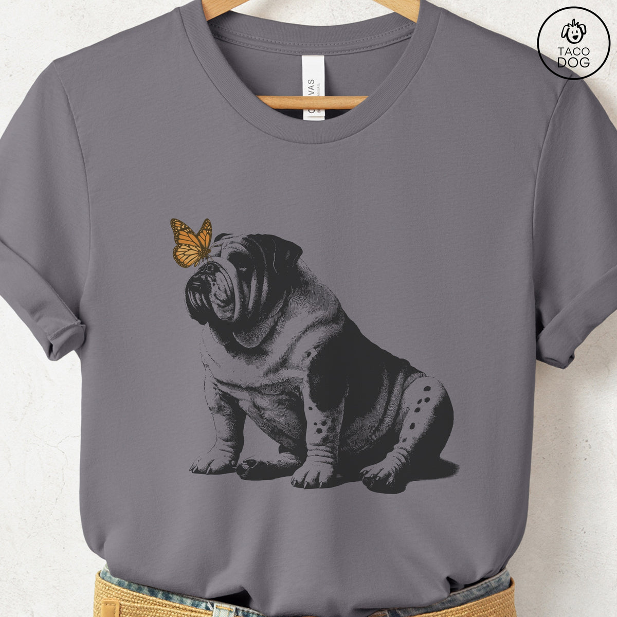 English Bulldog Butterfly T-Shirt, design close-up