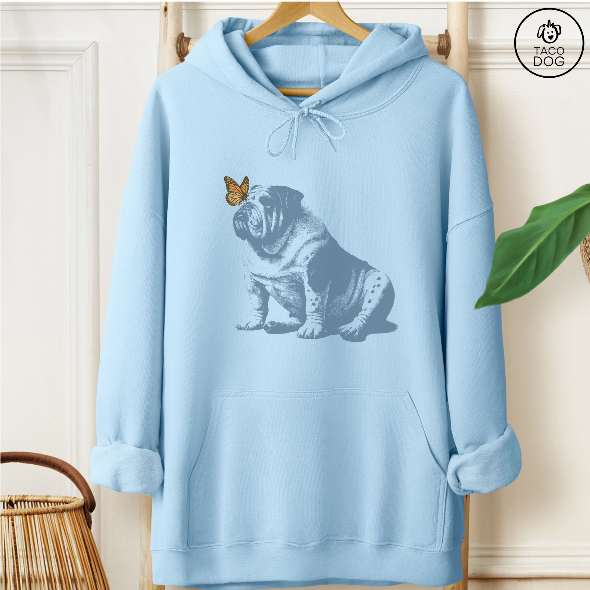 English Bulldog Butterfly Hoodie Light Blue