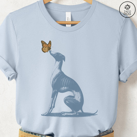 Italian Greyhound Whippet Iggy Butterfly T-Shirt Light Blue Taco-Dog
