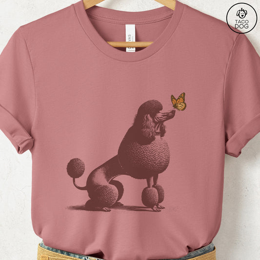Poodle Butterfly T-Shirt Heather Mauve Taco-Dog