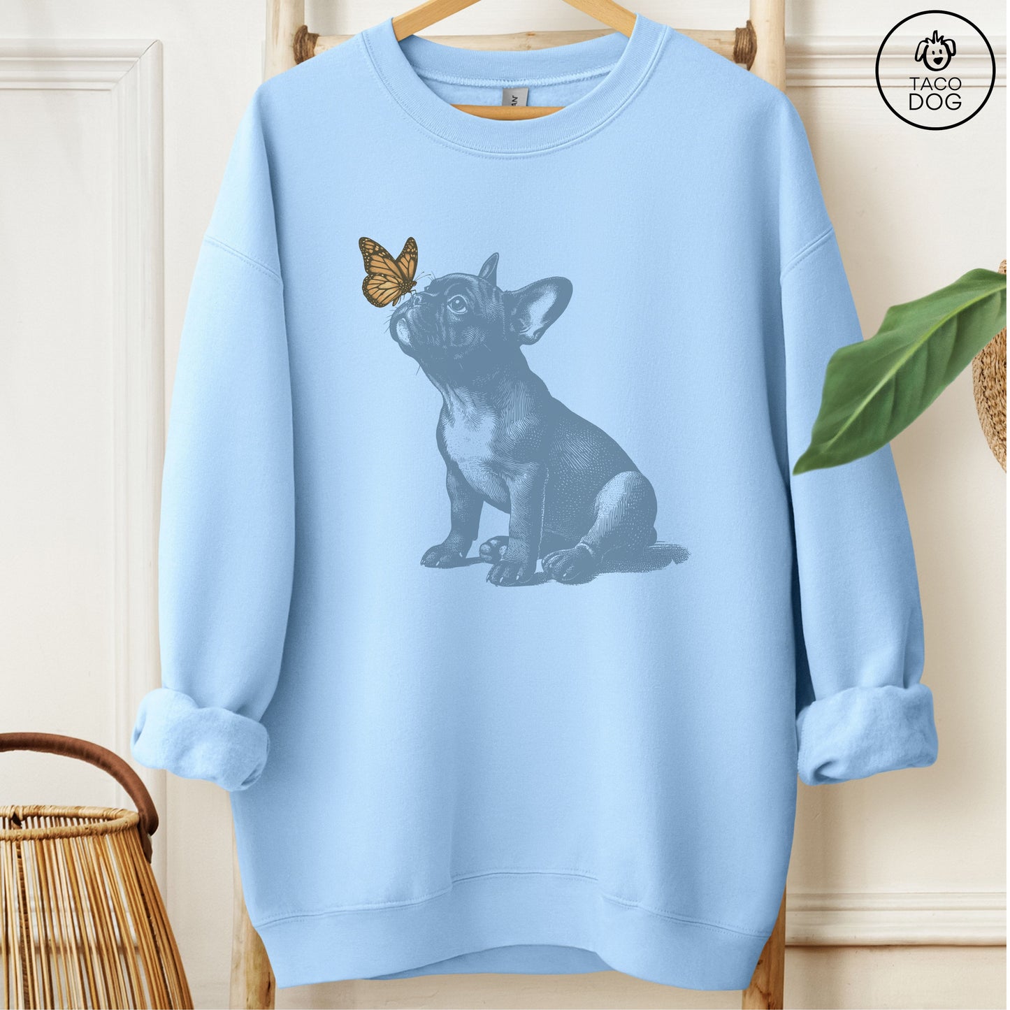 French Bulldog Frenchie Butterfly Sweatshirt Light Blue Taco-Dog