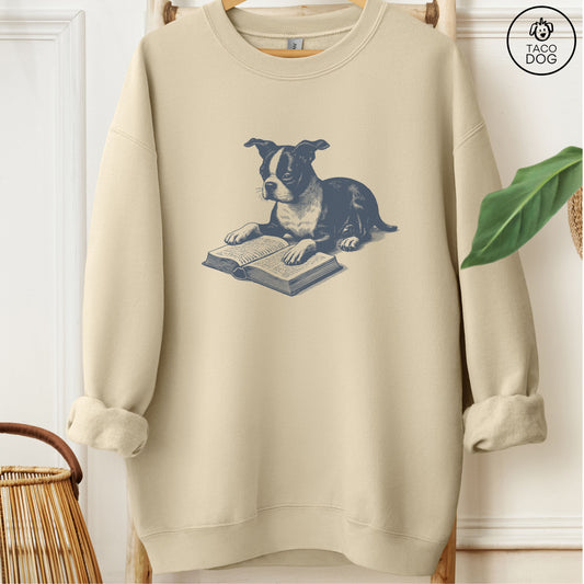 Boston Terrier Studying Book Sweatshirt Sand Taco-Dog