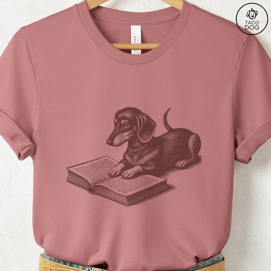 Dachshund Weenie Studying Book T-Shirt Heather Mauve Taco-Dog