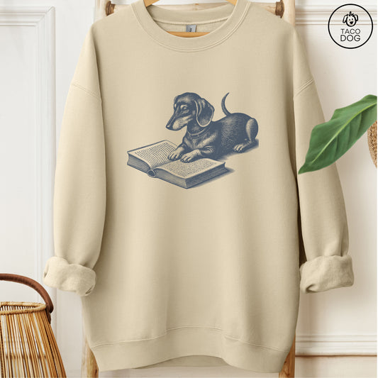 Dachshund Weenie Studying Book Sweatshirt Sand Taco-Dog