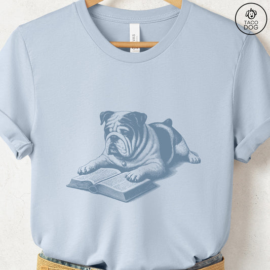 English Bulldog Studying Book T-Shirt Light Blue Taco-Dog