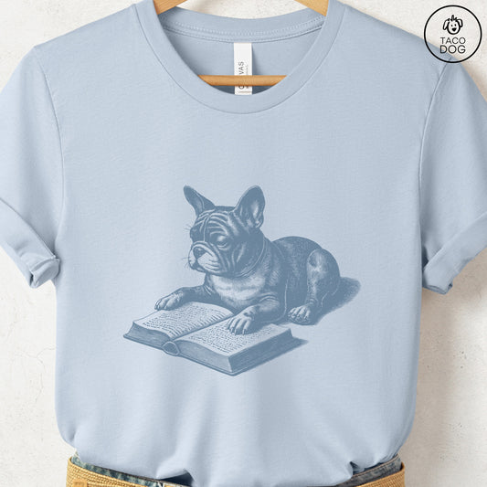 French Bulldog Frenchie Studying Book T-Shirt Light Blue Taco-Dog