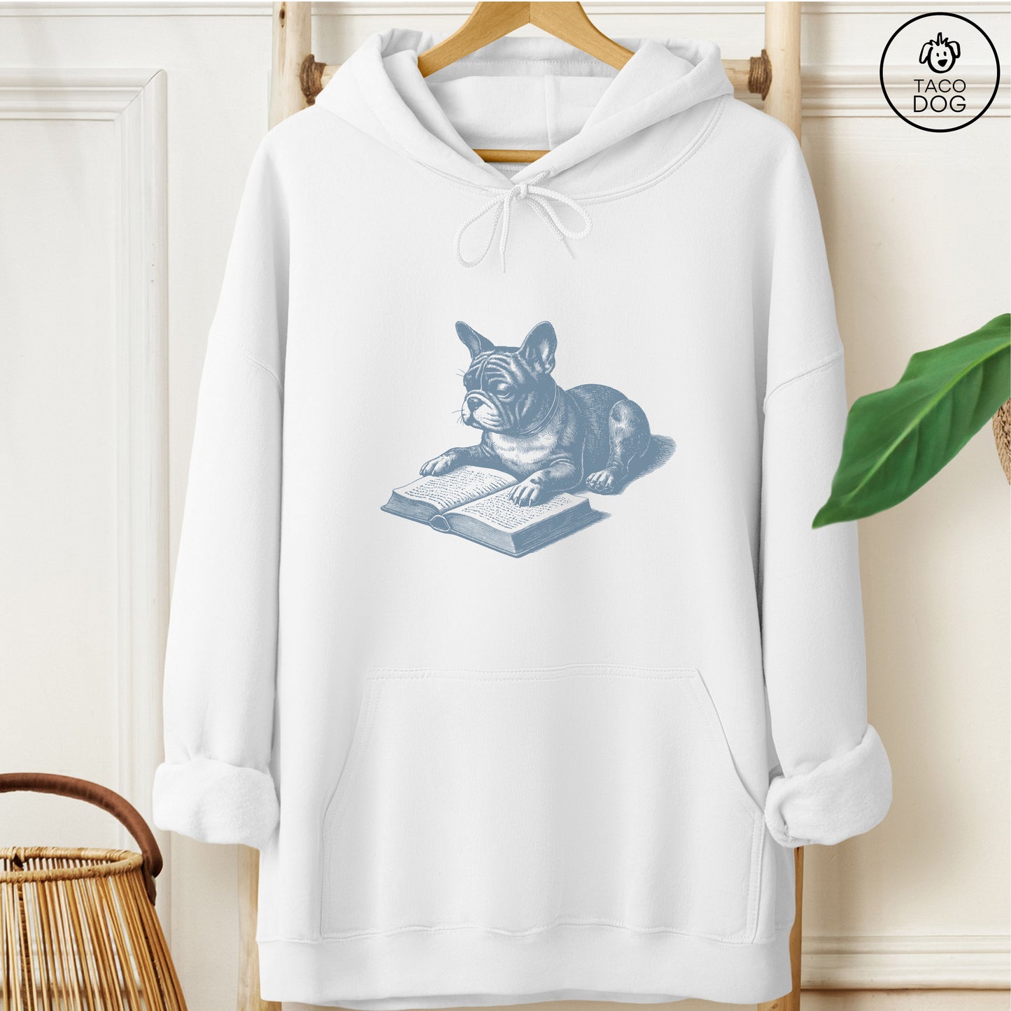 French Bulldog Frenchie Studying Book Hoodie White Taco-Dog
