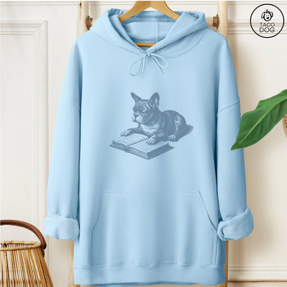 French Bulldog Frenchie Studying Book Hoodie Light Blue Taco-Dog