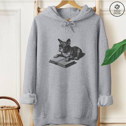 French Bulldog Frenchie Studying Book Hoodie Graphite Heather Taco-Dog