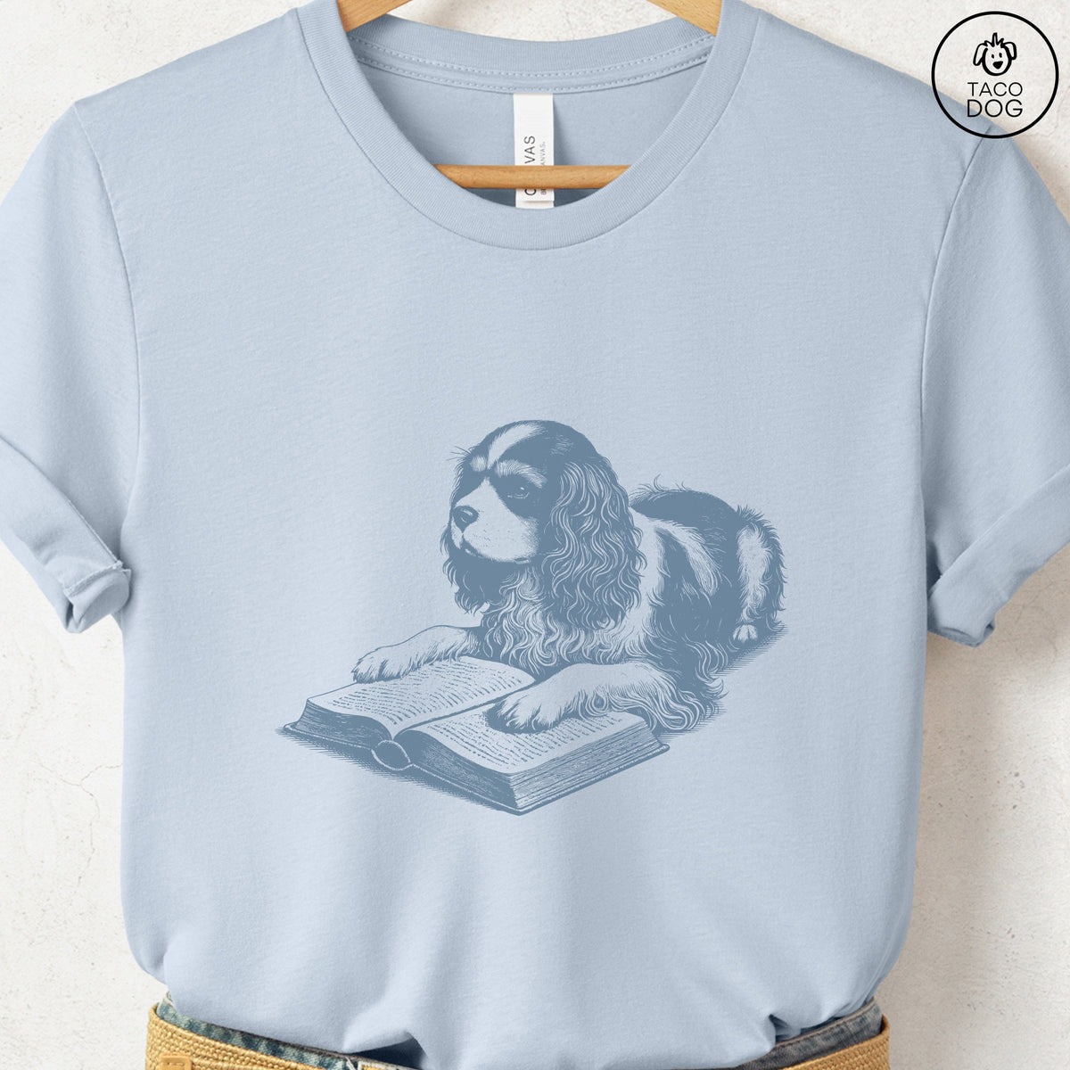 Cavalier King Charles Spaniel Studying Book T-Shirt, design close-up