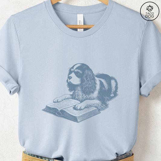 Cavalier King Charles Spaniel Studying Book T-Shirt Light Blue Taco-Dog