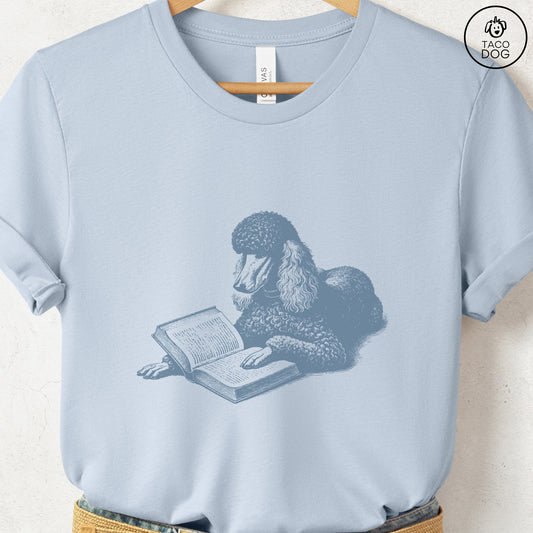 Poodle Studying Book T-Shirt Light Blue Taco-Dog