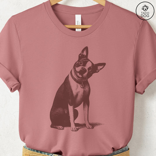 Boston Terrier Say What? T-Shirt Heather Mauve Taco-Dog