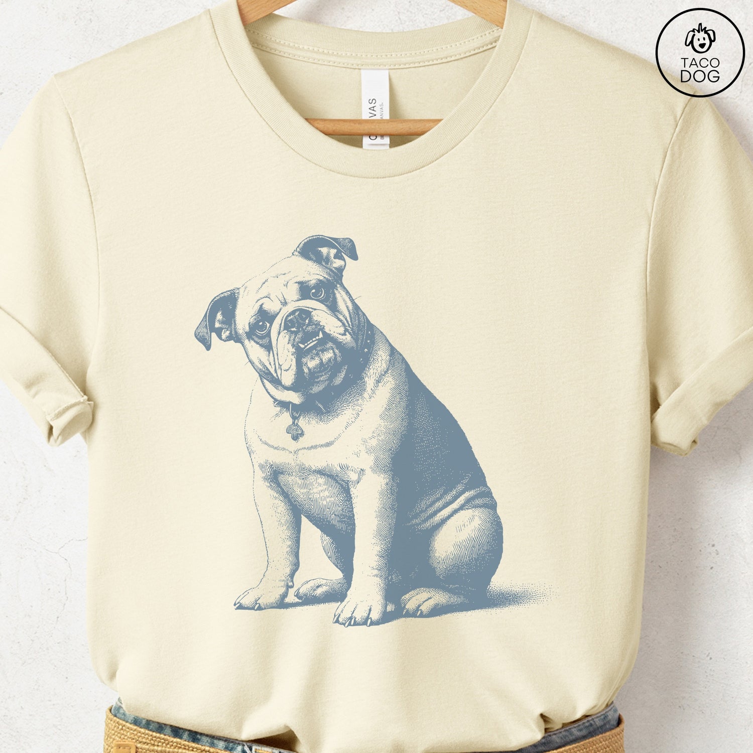 English Bulldog Say What? T-Shirt Natural Taco-Dog