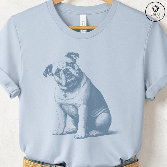 English Bulldog Say What? T-Shirt Light Blue Taco-Dog