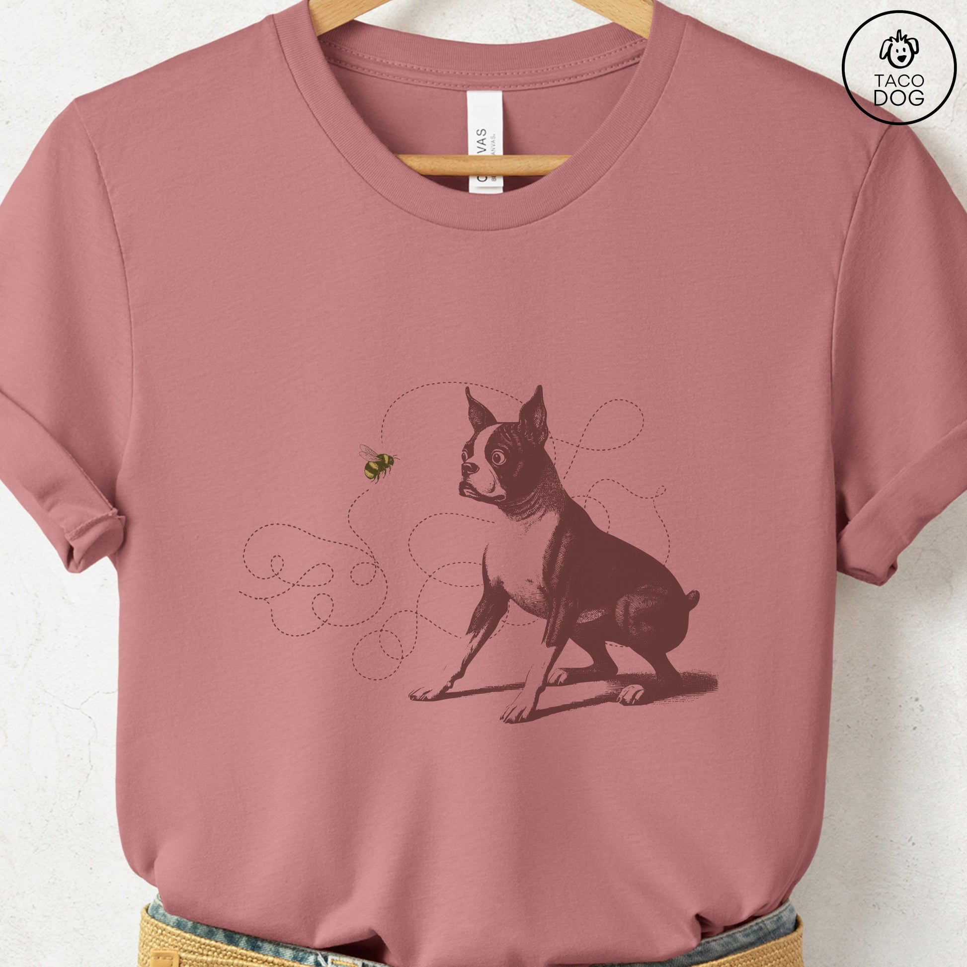 Boston Terrier Bumble Bee T-Shirt Heather Mauve Taco-Dog