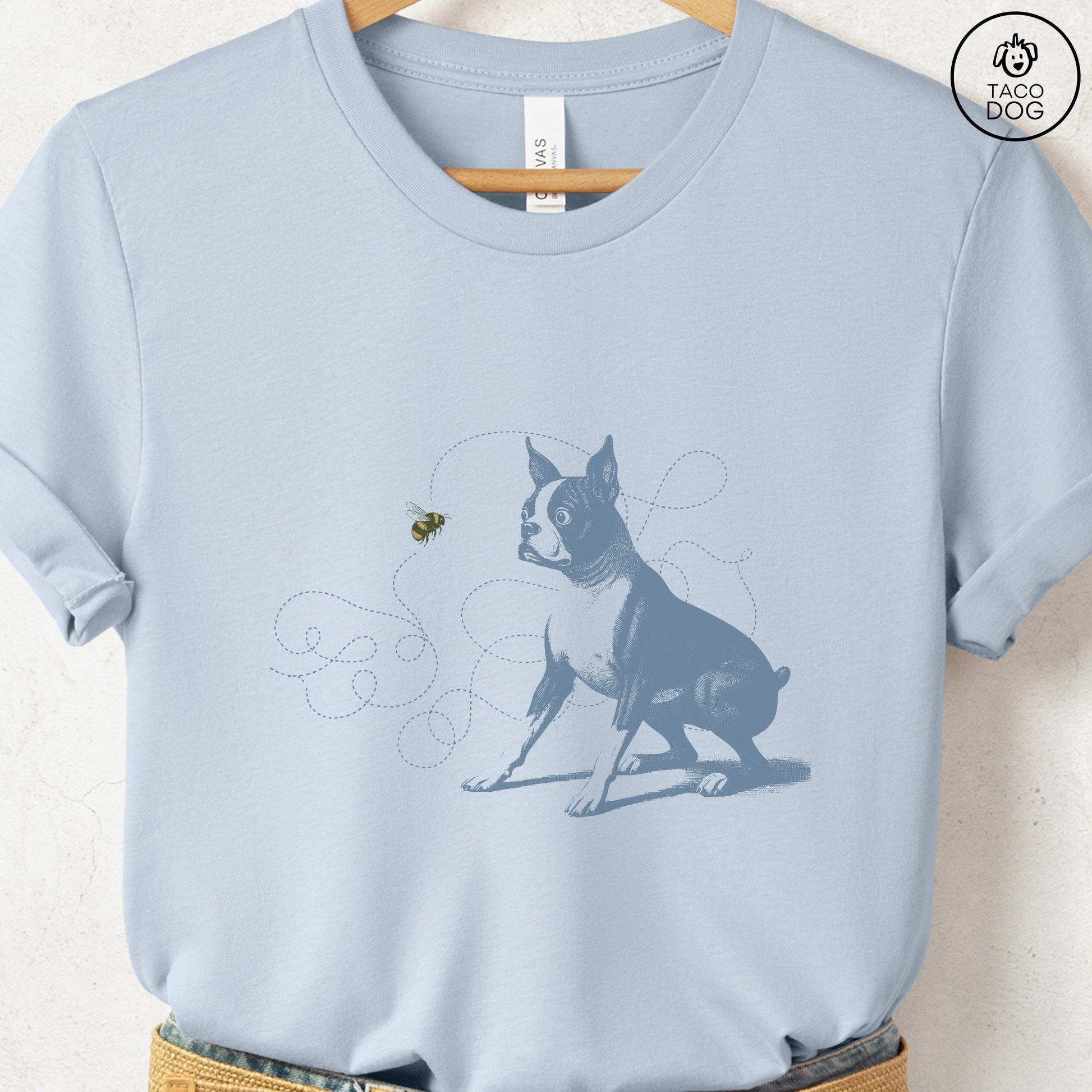 Boston Terrier Bumble Bee T-Shirt Light Blue Taco-Dog