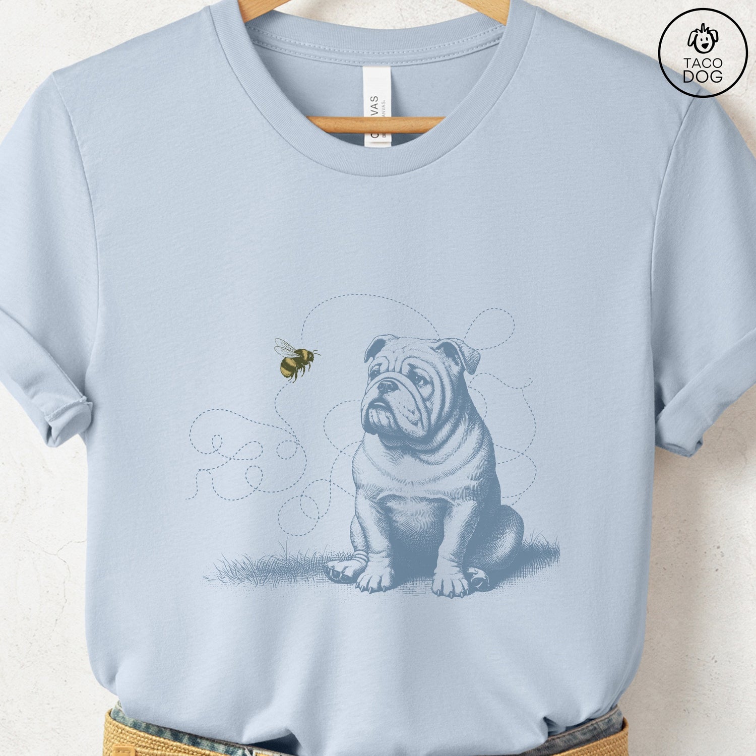 English Bulldog Bumble Bee T-Shirt Light Blue Taco-Dog