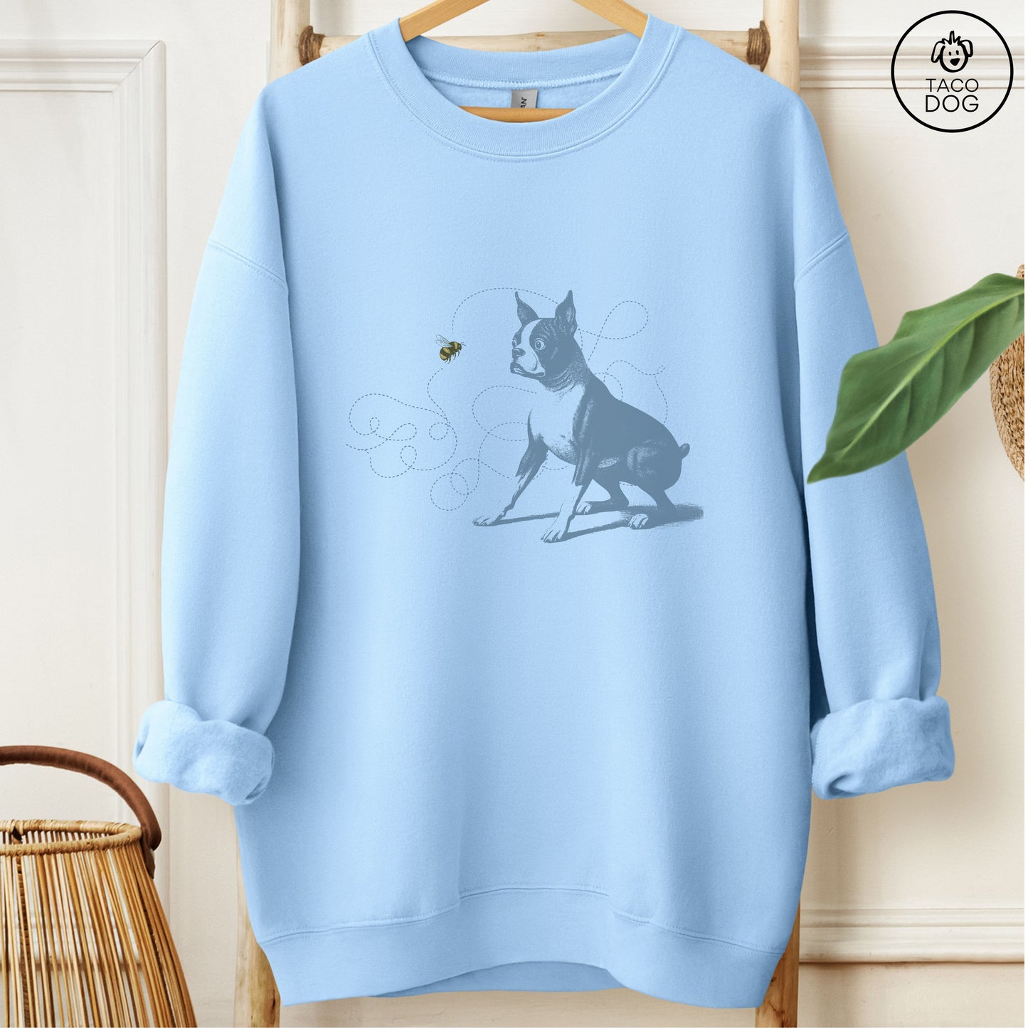 Boston Terrier Bumble Bee Sweatshirt Light Blue Taco-Dog