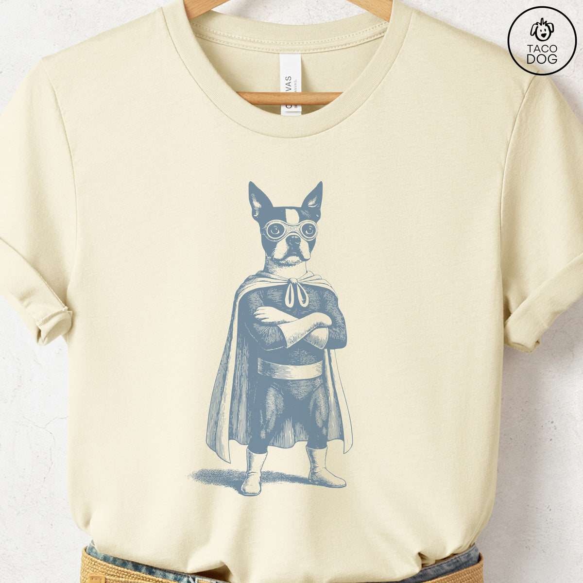 Boston Terrier Reluctant Super Hero T-Shirt, design close-up