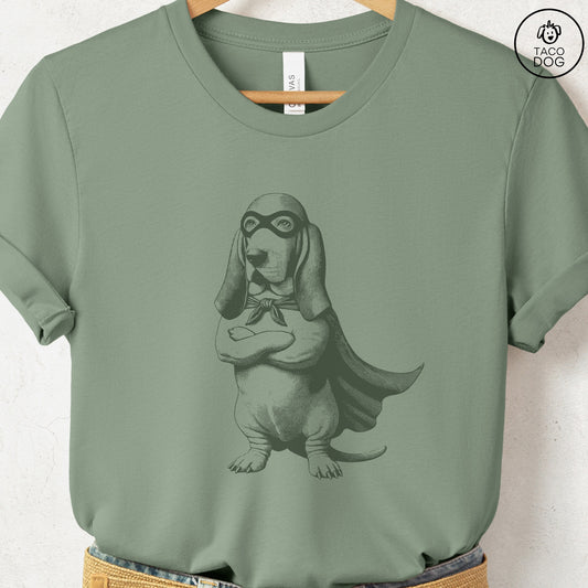 Basset Hound Reluctant Super Hero T-Shirt Sage Taco-Dog