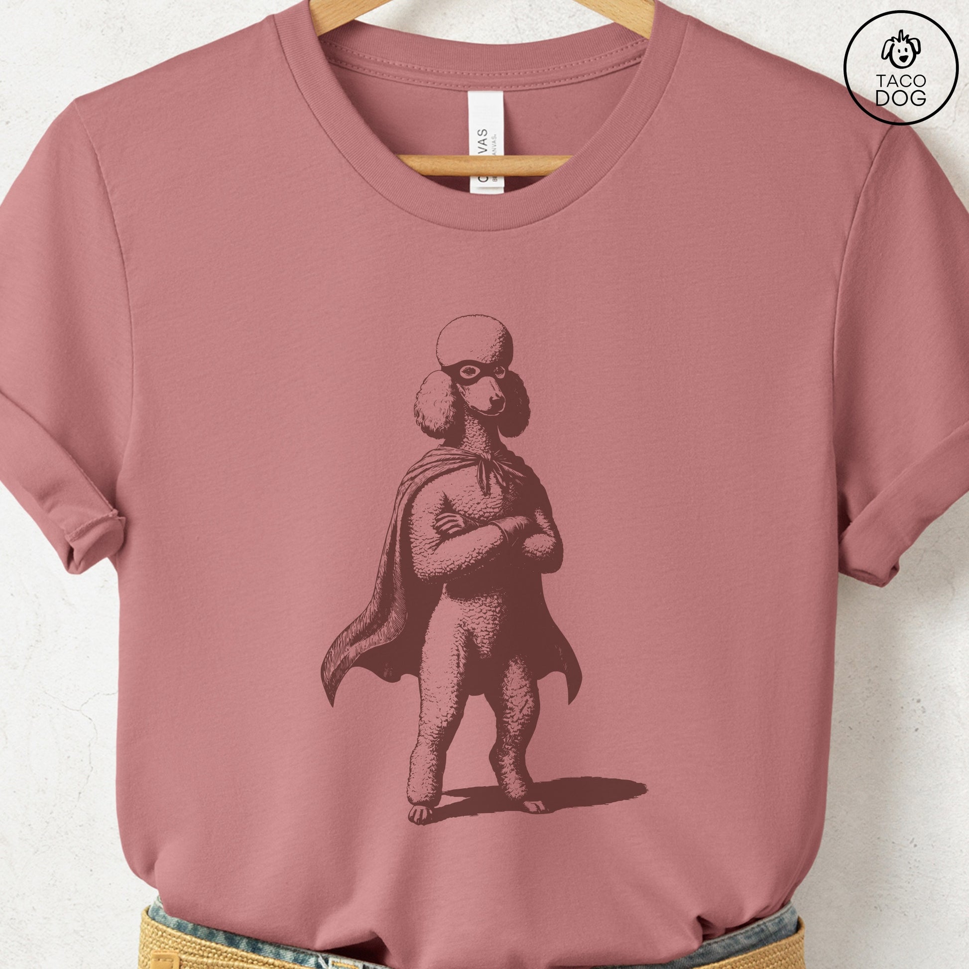 Poodle Reluctant Super Hero T-Shirt Heather Mauve Taco-Dog
