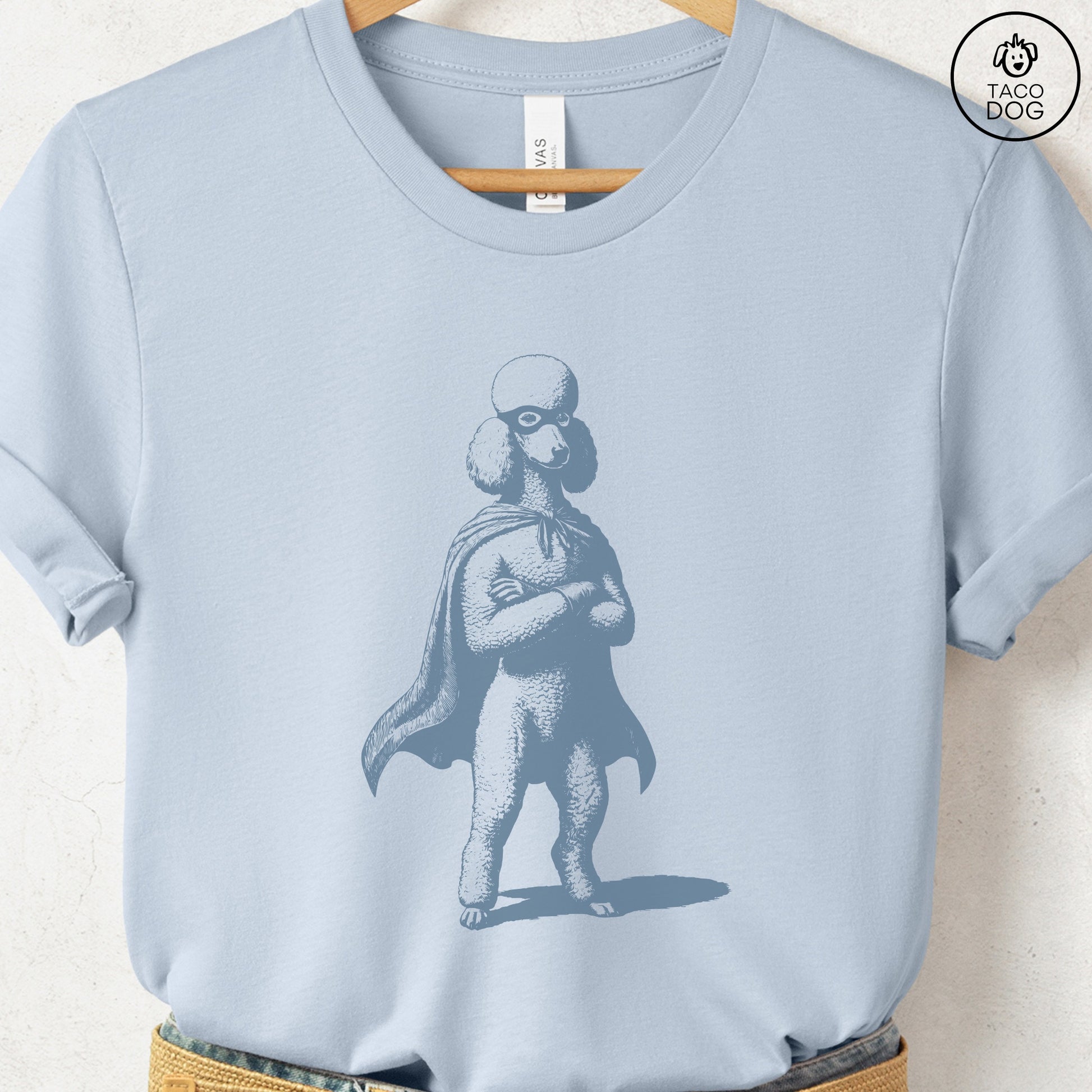 Poodle Reluctant Super Hero T-Shirt Light Blue Taco-Dog