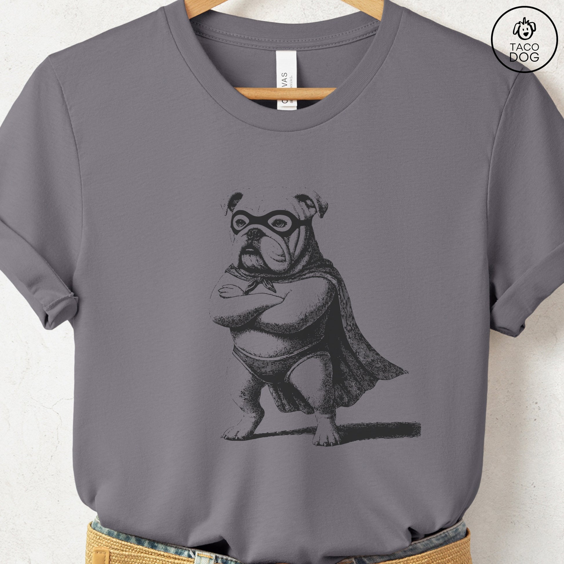 English Bulldog Reluctant Super Hero T-Shirt Storm Taco-Dog