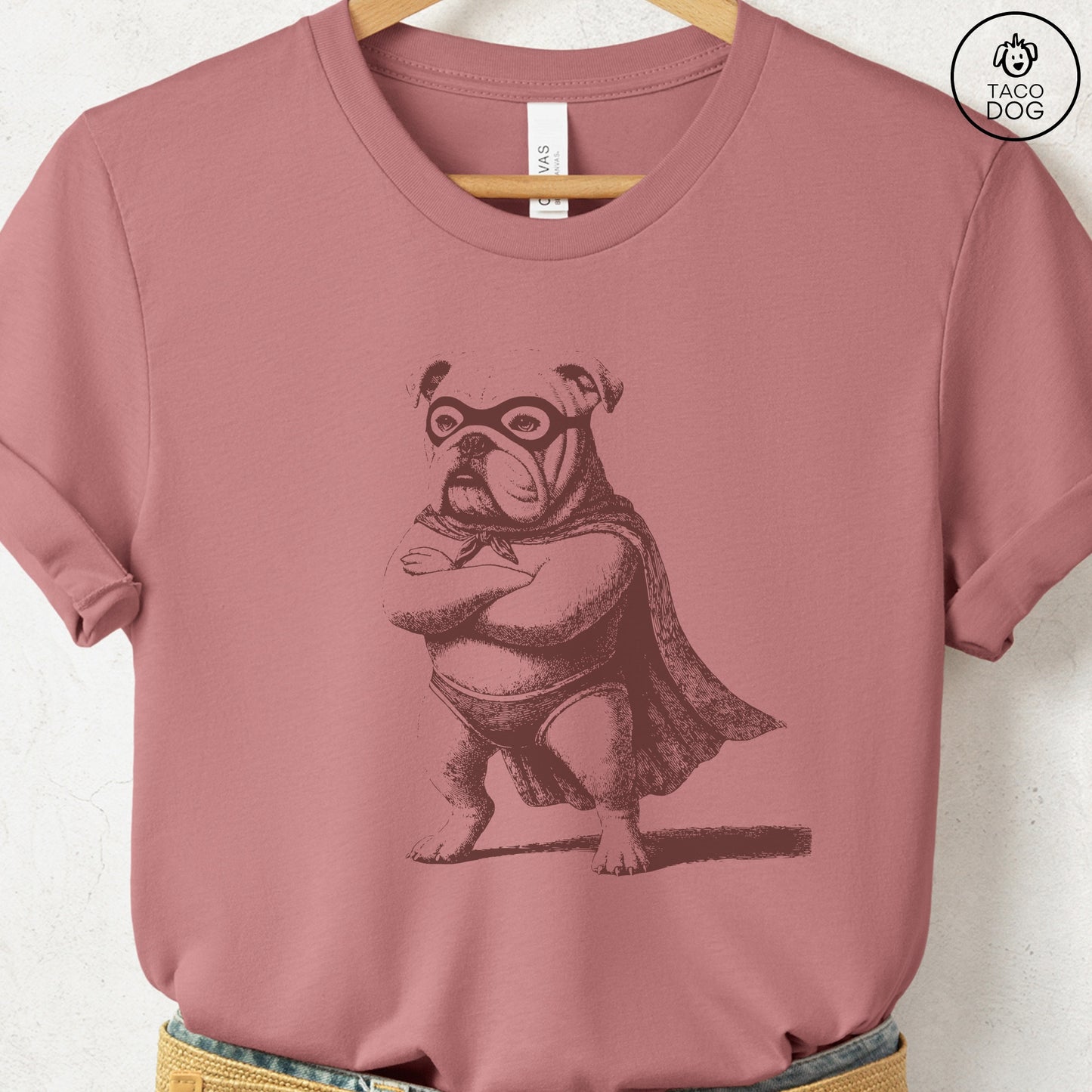 English Bulldog Reluctant Super Hero T-Shirt Heather Mauve Taco-Dog