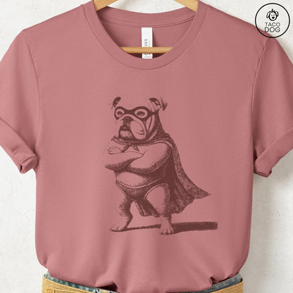 English Bulldog Reluctant Super Hero T-Shirt Heather Mauve Taco-Dog