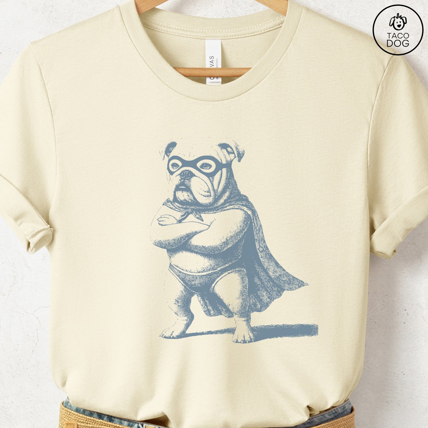 English Bulldog Reluctant Super Hero T-Shirt Natural Taco-Dog