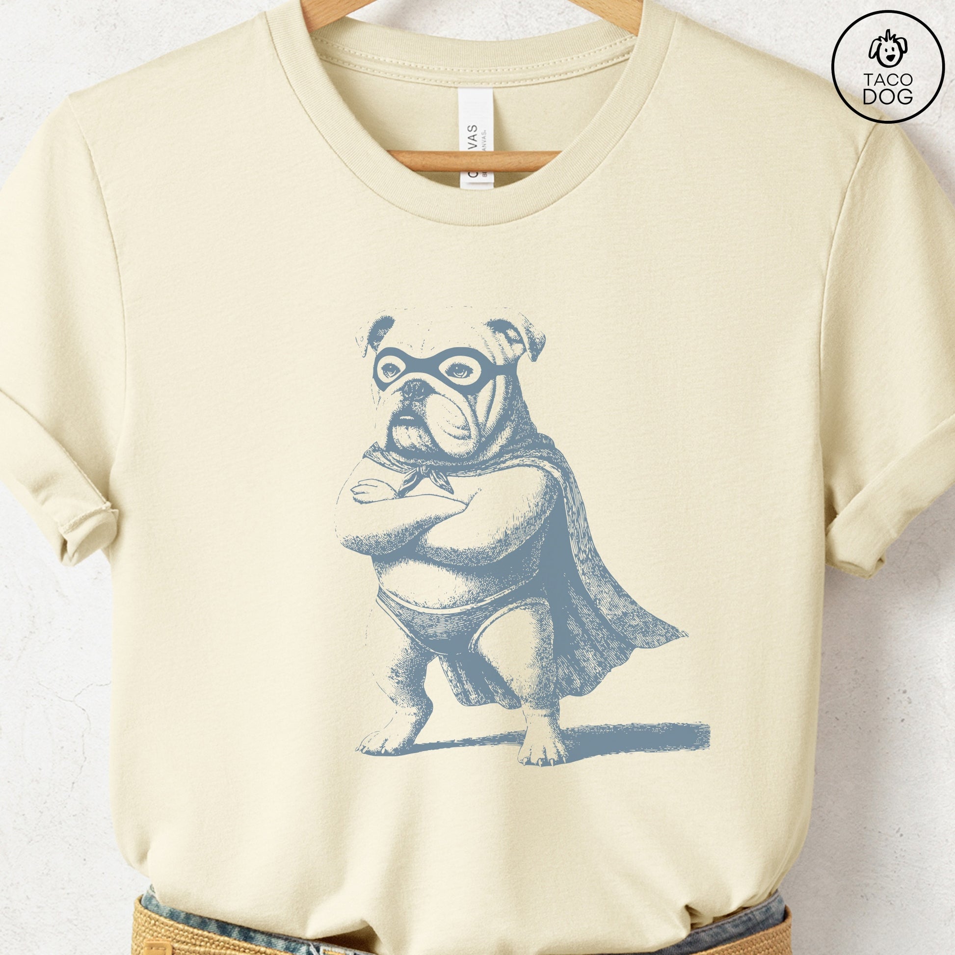 English Bulldog Reluctant Super Hero T-Shirt Natural Taco-Dog