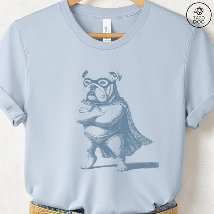 English Bulldog Reluctant Super Hero T-Shirt Light Blue Taco-Dog