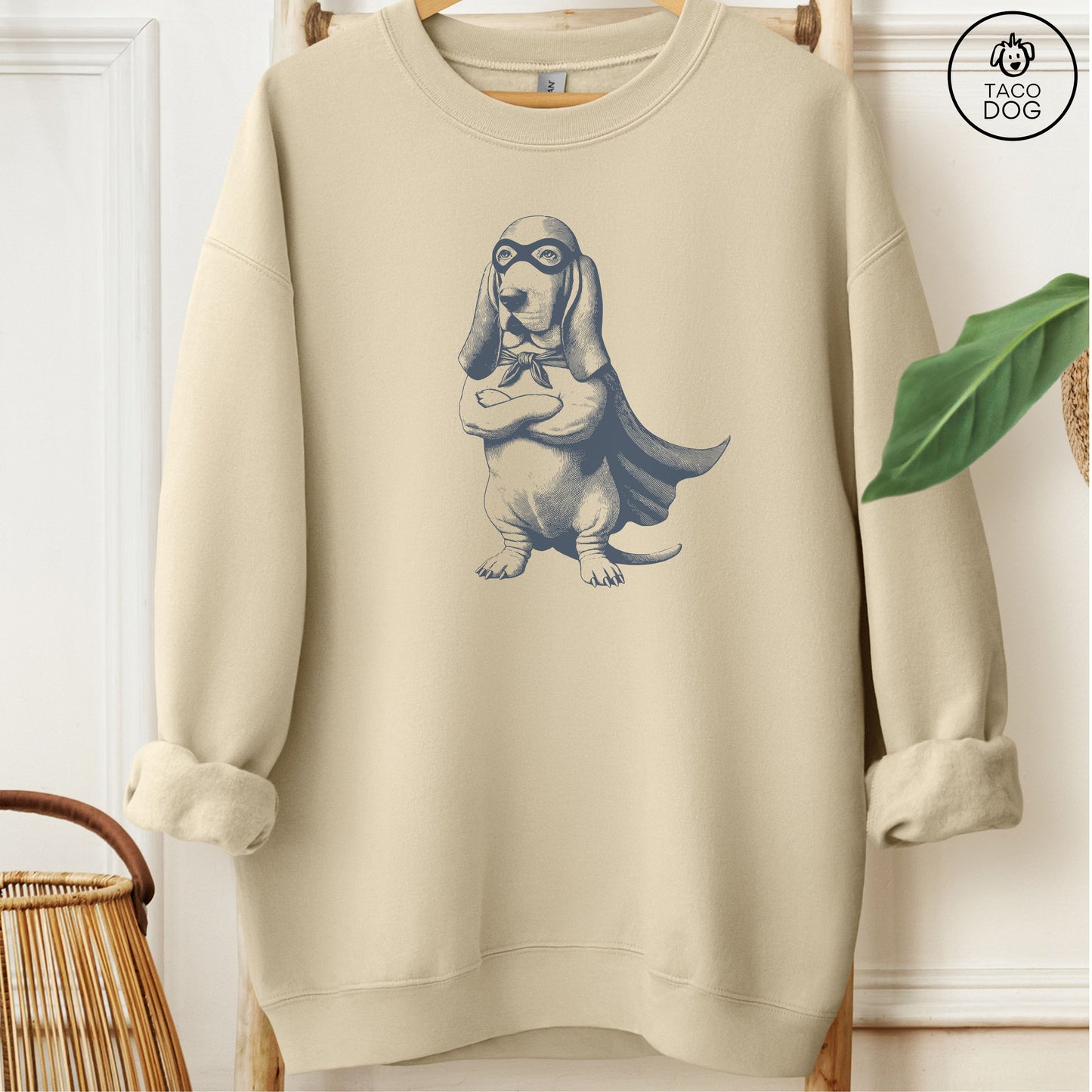 Basset Hound Reluctant Super Hero Sweatshirt Sand Taco-Dog