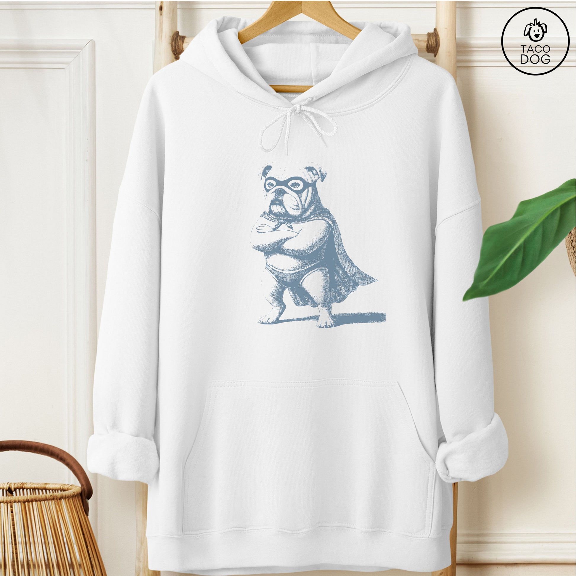 English Bulldog Reluctant Super Hero Hoodie White Taco-Dog